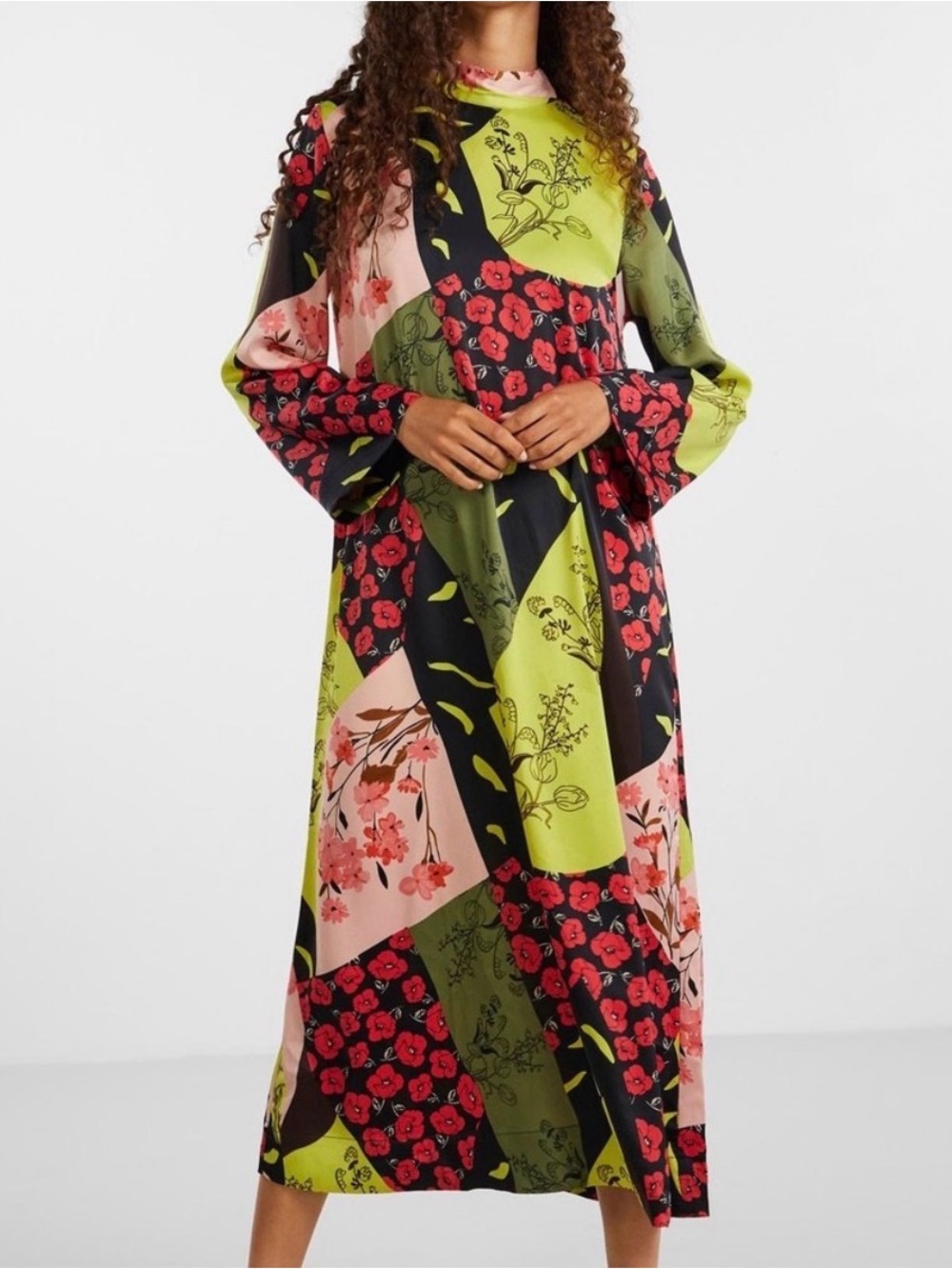 YAS Patchwork Maxi Dress Womens Medium Black Yellow Floral Art Boho Hippie NEW